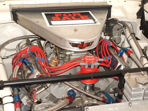 1966 Ford Ranchero - Engine bay details including MSD ignition and a "FOR SALE" sign on the air cleaner.