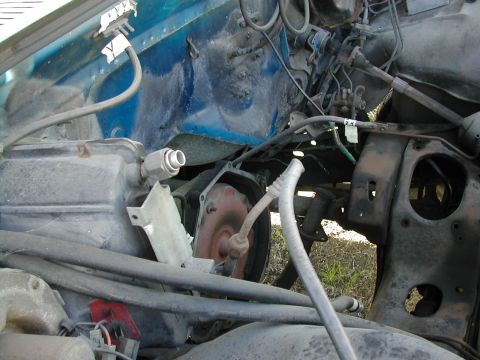 1981 Ford Bronco - The engine bay of a vehicle, with various mechanical components visible.