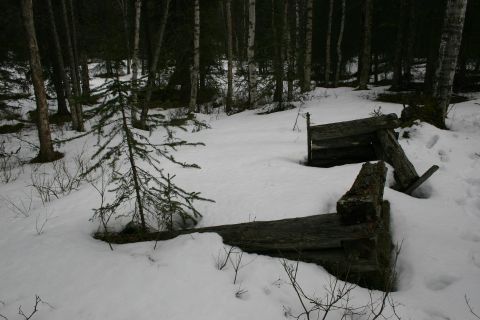 2003 Jeep TJ - A weathered wooden structure lies in a snowy forest clearing.