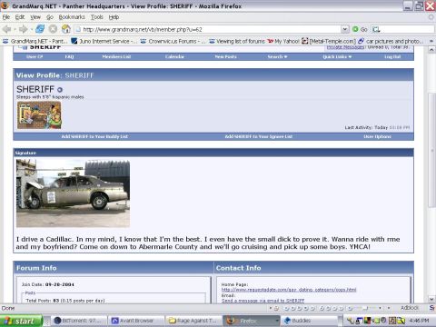1991 Ford LTD Crown Victoria - A Windows-era Firefox screenshot of a vBulletin member profile page on GrandMarq.NET (Panther Headquarters), showing the user's avatar, for…