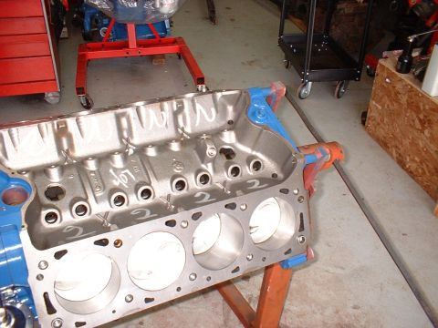 1971 Ford Mustang - Engine block on a stand, ready for assembly or rebuild.