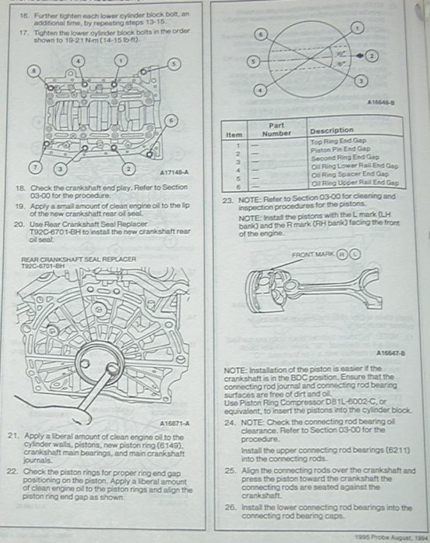 Scanned service-manual page with engine cylinder block and piston torque-sequence diagrams
