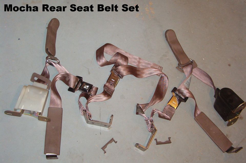 Three tan mocha-colored rear seat belt assemblies laid out on concrete floor