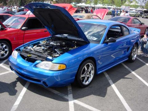 1998 Ford Crown Victoria - bright blue SN95 Ford Mustang Cobra coupe sits with hood up at a car show, chrome five-spoke wheels visible.