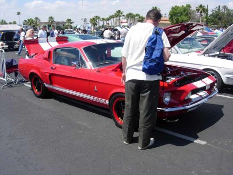 1998 Ford Crown Victoria - red Shelby GT350 fastback Mustang with white racing stripes and black wheels sits with its hood up while a spectator looks on.