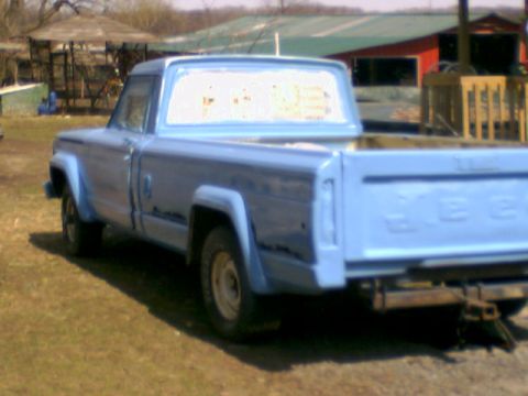 1978 Ford Bronco - A light blue pickup truck is parked in a grassy area with buildings in the background.