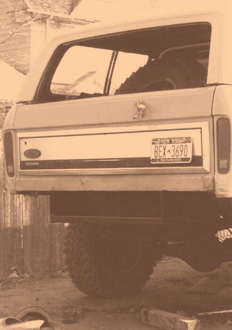 1978 Ford Bronco - Rear view of a 1978 Ford Bronco, showing the tailgate and license plate.