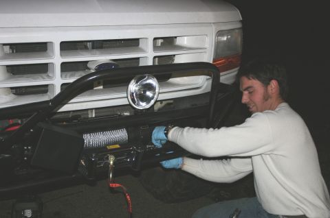 1995 Ford Bronco - Winch installation in progress on a 1992 Ford Bronco front end.