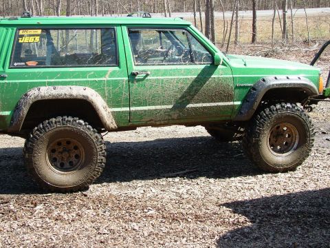 1994 Ford Bronco - A muddy green Jeep Cherokee is shown from its side profile, indicating off-road use.