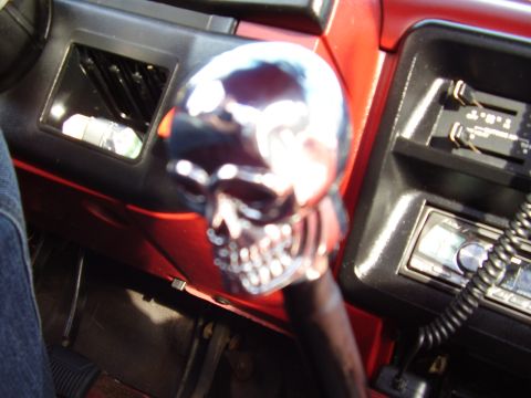 1996 Ford F-150 - A chrome skull shift knob is installed in the interior of a vehicle, with the radio and climate controls in view.