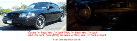 1999 Ford Crown Victoria - A two-panel banner graphic pairing an exterior shot of a black Ford Crown Victoria sedan on steel wheels with an interior shot of its dash,…