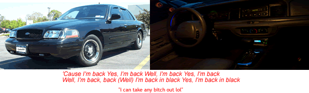 Two-panel banner of a black Ford Crown Victoria exterior and dashboard with red song-lyric text