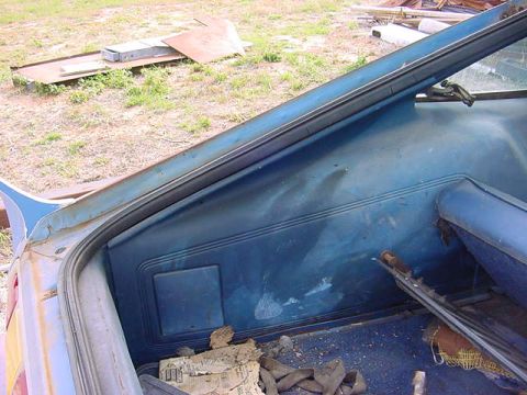 1978 Ford Mustang II - The interior of a 1978 Ford Mustang II trunk shows blue paneling and some scattered debris.