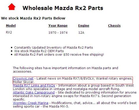 2000 Ford Crown Victoria - Web page details Mazda RX2 parts inventory and provides links to related automotive sites.