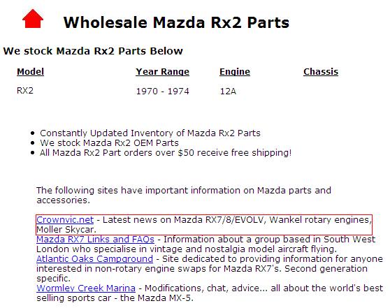 Web page listing wholesale Mazda RX2 parts and related links