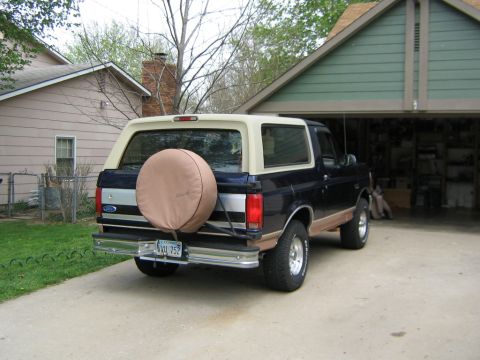 1995 Ford Bronco - Rear view of a Ford Bronco with a spare tire mounted on the tailgate.