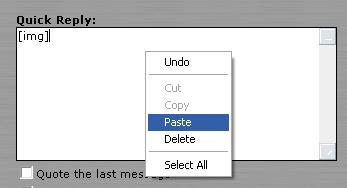 1998 Jeep TJ - A computer screen displays a 'Quick Reply' text box with a context menu open, highlighting the 'Paste' option.