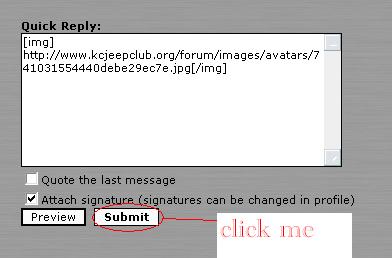 1998 Jeep TJ - A forum post displays an image URL and options to preview or submit.