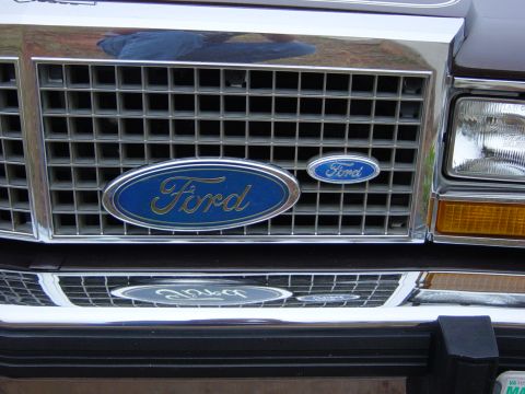 1982 Ford Crown Victoria LTD - Close-up of the front grille on a 1982 Ford Crown Victoria LTD, the iconic blue oval Ford emblems.