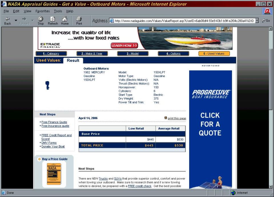 NADA value report screenshot for a 1982 Mercury 150XLPT outboard motor