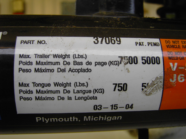 Trailer hitch label with part number 37069 and weight ratings