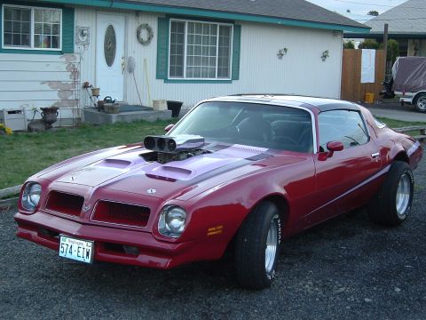 1976 Pontiac Firebird - This modified Pontiac Firebird, likely a 1977 model, features a large hood scoop and wide tires.