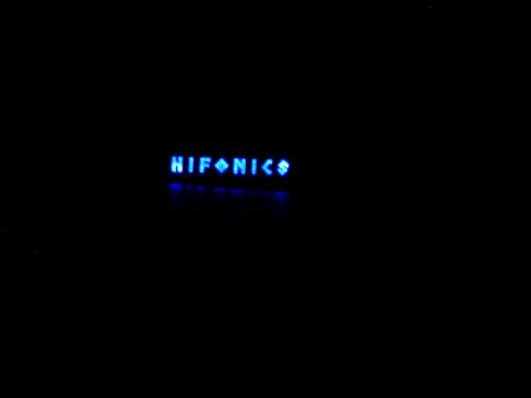 1994 Ford Thunderbird - Illuminated HIFONICS logo displayed in blue light against a dark backdrop.