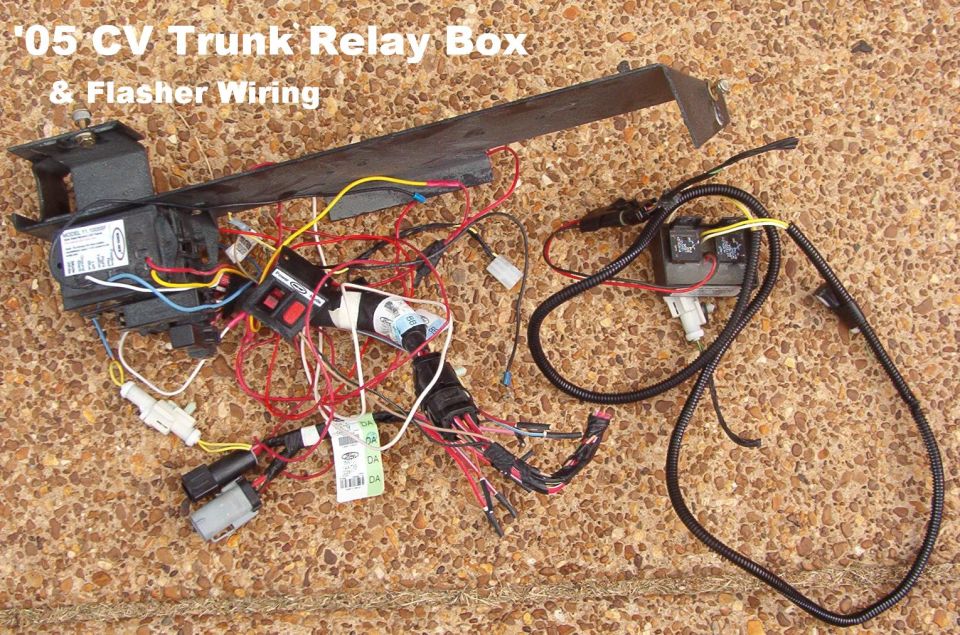 Trunk wiring & flasher  modules from an '05 P71 that was wired for strobes.  All the strobe wiring is still in the car, but the strobe power supplies were gone.