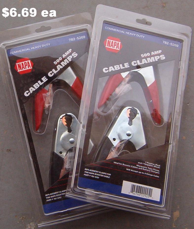 500A Battery Clamps from NAPA for $6.69/pack of 2.  I'll be using one pair for a cheapo winch that pulls ~40A peak because the 50A clamps cost twice as much.