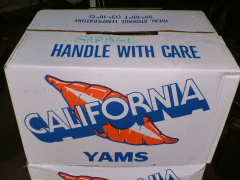 1989 Ford Bronco - A box labeled 'CALIFORNIA YAMS' is shown, with 'GARAGE' handwritten on top.