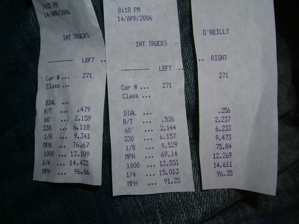 Three 2006 drag strip timeslips for car #271 showing 14.433 at 96.06 mph quarter mile