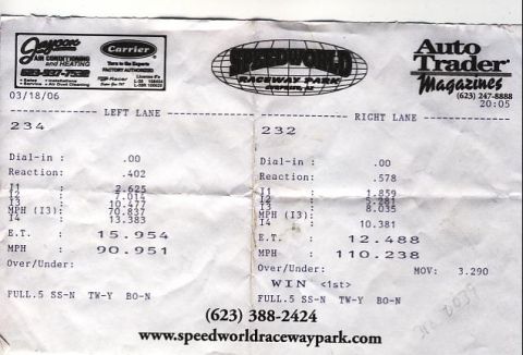 1993 Ford Taurus - A drag racing time slip from Speedway Raceway Park shows performance data for two lanes.