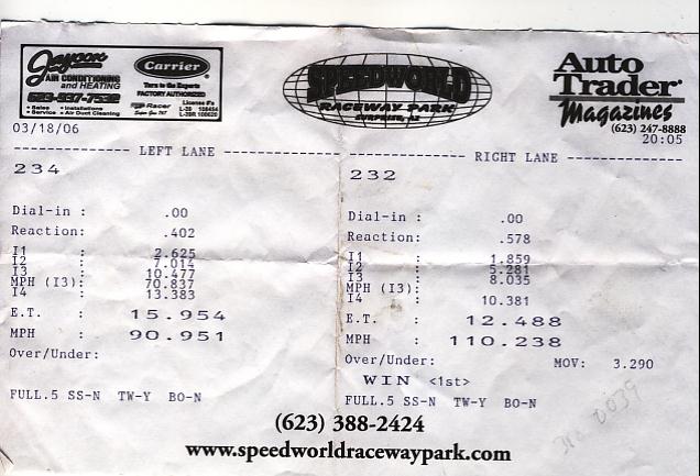 Speedworld Raceway Park drag timeslip showing a 12.488 ET at 110.238 mph win