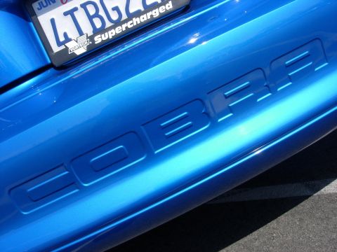 1998 Ford Crown Victoria - The COBRA emblem is embossed on the side of a shiny blue vehicle, with a license plate visible above.