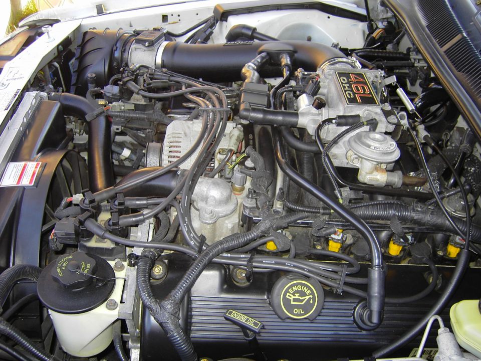 Ford 4.6L OHC V8 engine bay with intake, plug wires and valve cover