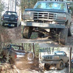 1993 Ford Bronco - Multiple Ford Broncos navigate challenging off-road terrain in a wooded area.