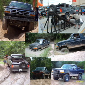 1993 Ford Bronco - Multiple Ford vehicles are shown navigating challenging off-road terrain, including mud and ramps.