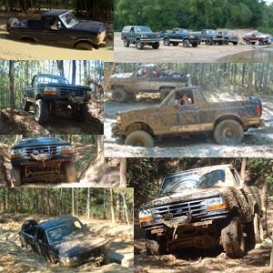 1993 Ford Bronco - This collage shows several Ford Broncos stuck in muddy terrain, highlighting their off-road challenges.