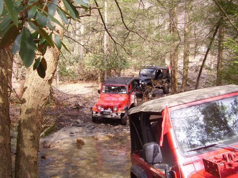 2003 Jeep Wrangler - Multiple Jeep Wranglers navigate a wet, wooded trail, with one vehicle in the foreground showing a 'Supermotors.net' watermark.