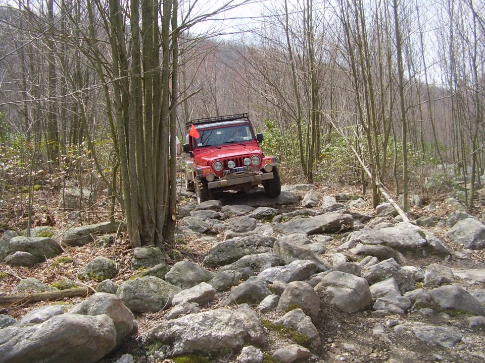Red 2003 Jeep Wrangler with a roof rack navigates a boulder-strewn forest path
