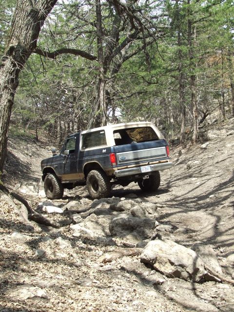1986 Ford Bronco - This 1986 Ford Bronco navigates a challenging rocky path through a dense forest.