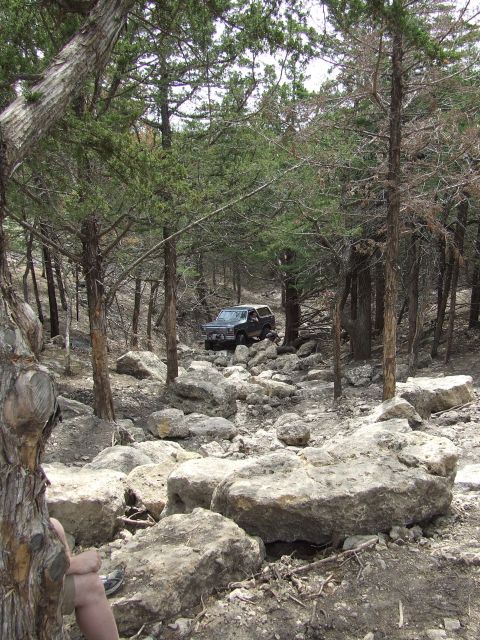 1986 Ford Bronco - A dark blue SUV navigates a challenging rocky path through a dense forest.