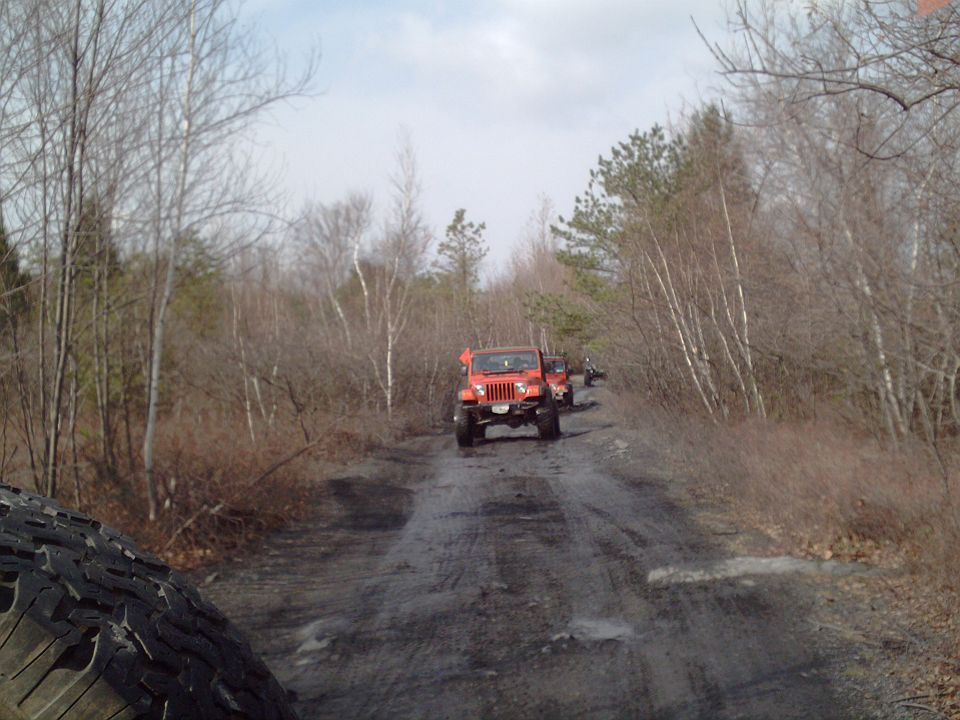 Red SUV driving away on a dirt road through trees