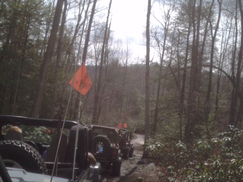 1991 Ford Bronco - Jeeps navigate a wet, wooded path, kicking up mud as they go.