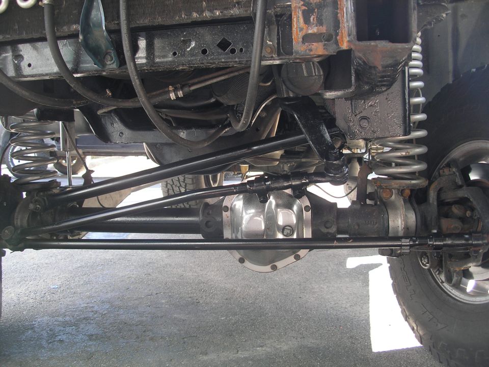 Undercarriage view of vehicle's front axle and steering linkage