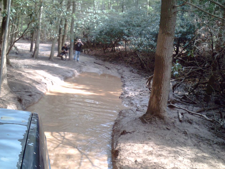 Front view of dark SUV driving through muddy water in a forest