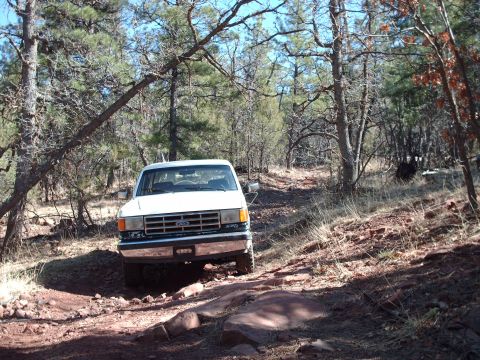 1988 Ford Bronco - A white Ford Bronco navigates a rocky, wooded trail.