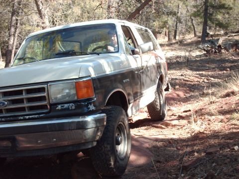 1988 Ford Bronco - A two-tone brown and white Ford Bronco navigates a wooded trail.