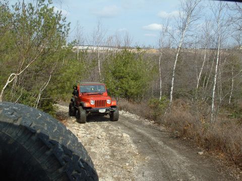 1991 Ford Bronco - An orange Jeep Wrangler drives on a rocky trail surrounded by trees and brush.