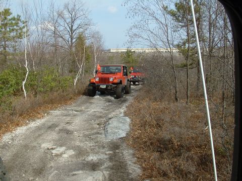 1991 Ford Bronco - Two orange Jeeps navigate a rough, wooded trail under a clear sky.